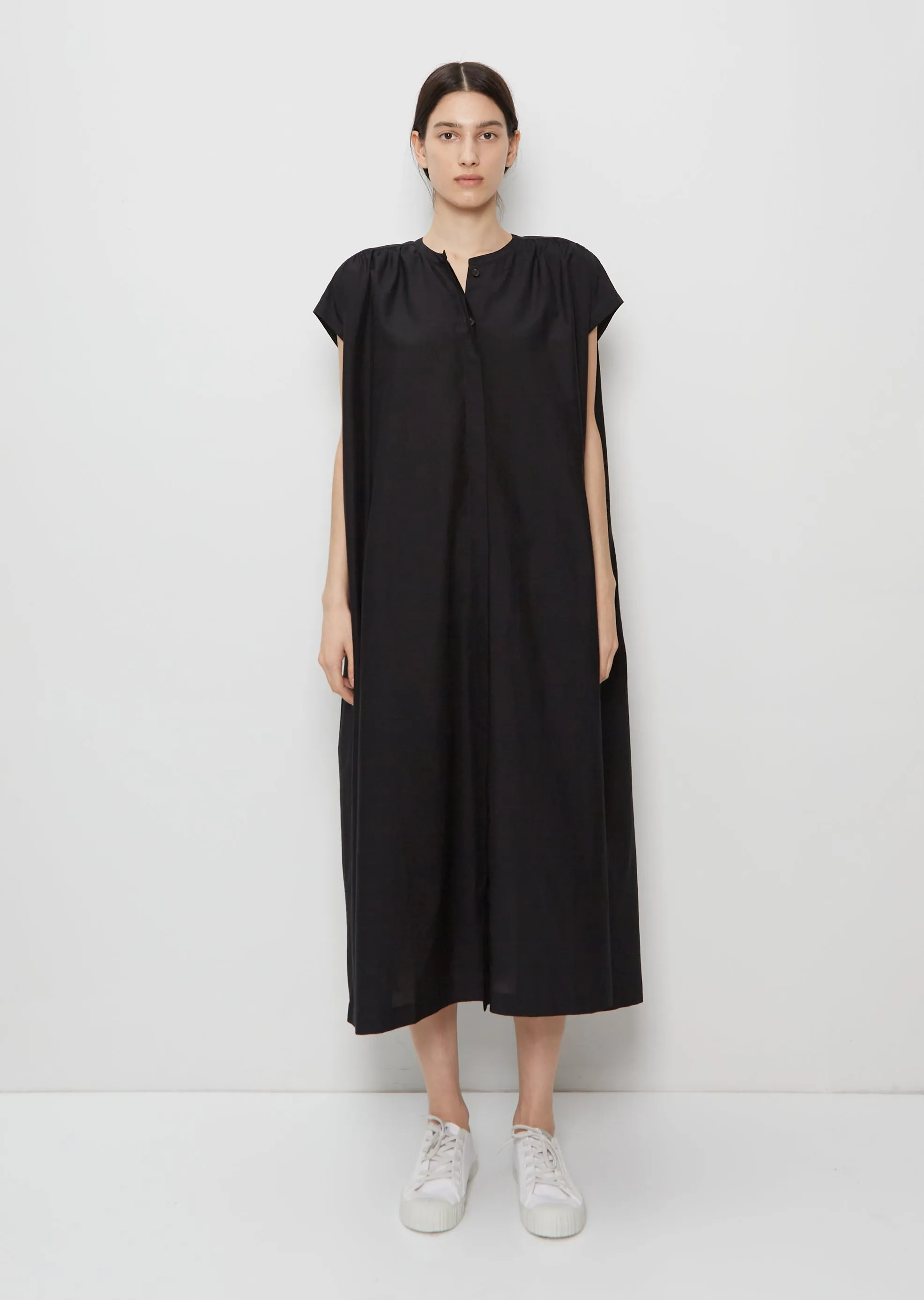 Gathered Shoulder Cotton Silk Dress